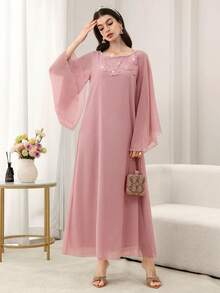 Yasmyna 女士春夏粉色雪纺长袖花卉刺绣优雅土耳其和阿拉伯传统长裙 - 粉色 - 查看 3