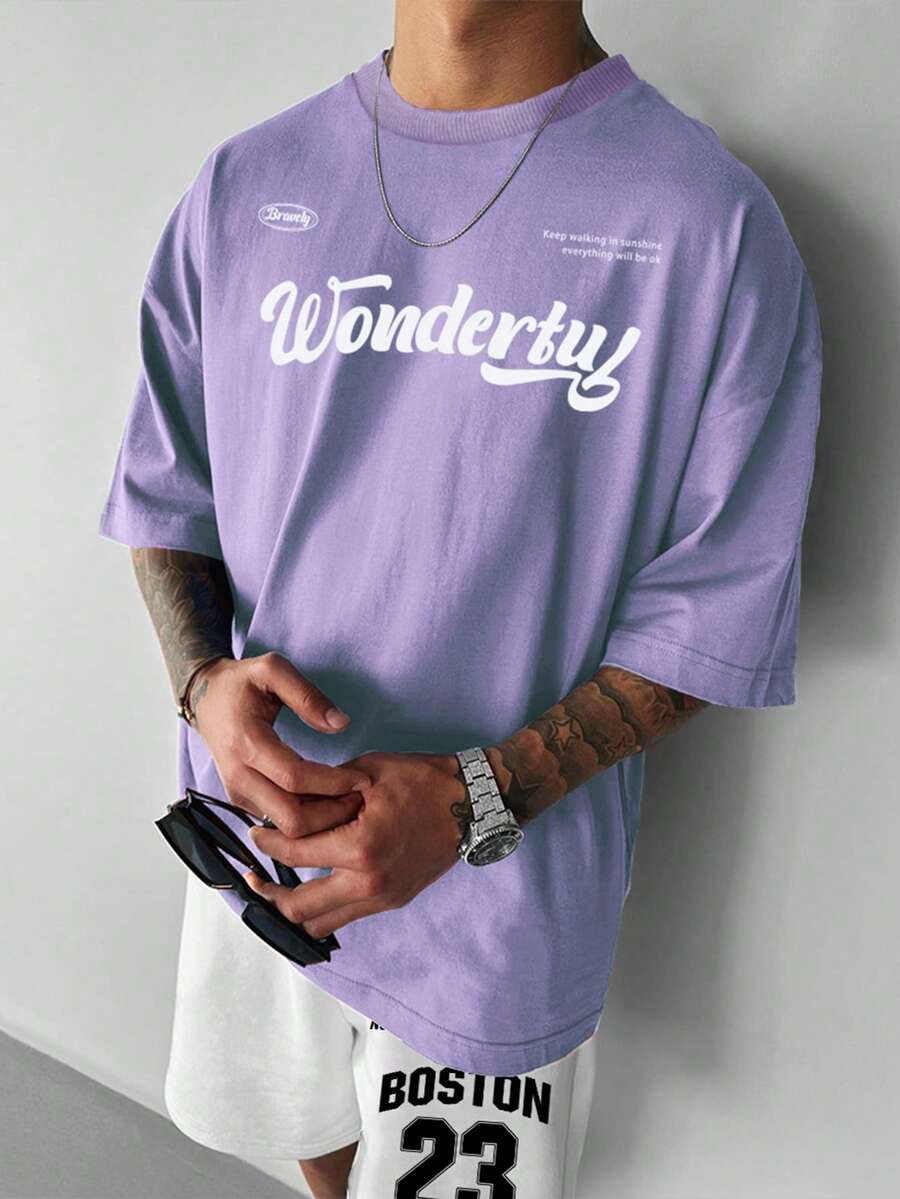 Manfinity EMRG Men Slogan Graphic Drop Shoulder Tee - Mauve Purple - View 1