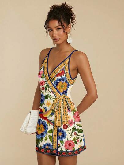 Travachic Vestido mini holgado con cordones de estilo minimalista bohemio retro con estampado tropical de plantas, loros y palmeras, perfecto para primavera/verano, festivales occidentales, estilo vintage de chica de isla, escapada a la playa, vibraciones de vacaciones románticas, descanso de primavera, look de chica suave/limpia, crucero por la playa, festival de música, concierto, invitado de boda, viaje a la ciudad, vacaciones u elegantes atuendos de primavera-otoño