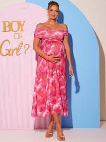 Loomaby 孕妇优雅扎染印花褶皱翻领露肩连衣裙，适合派对、宴会和度假穿着 - 粉色 - 查看 7