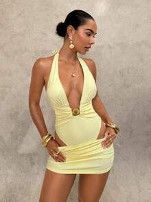 Shapewave Women's Backless Halter One-Piece Swimsuit With Sarong Skirt, Suitable For Beach Vacation - Light Yellow - View 5