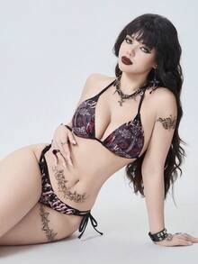 ROMWE Goth Conjunto de bikini sexy con estampado floral y atar al cuello para mujer - Negro - Ver 1
