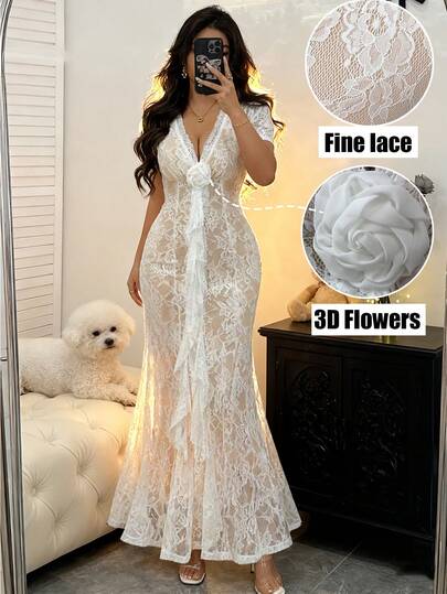 Elenzga Gaun Mermaid Wanita Elegan Berkerah V Prancis Lengan Pendek Putih Berenda, Beige, Musim Panas, Elegan, Gaun Pesta Pernikahan Mewah untuk Tamu Pernikahan, Pesta Lajang, Formal, Gaun Pengantin