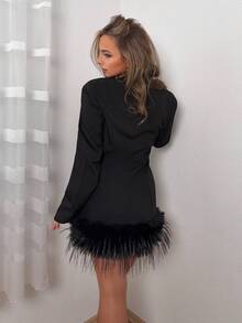 Jeta Ari Women's Solid Color Double-Breasted Faux Fur Hem Fashion Blazer - Black - View 2
