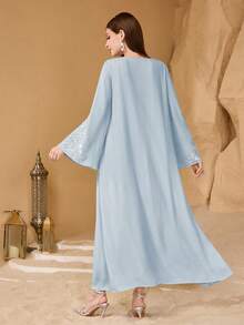 SHEIN Najma Vestido de manga larga con pliegues en el frente, bordado de perlas y parches elegante para mujeres - Celeste - Ver 2