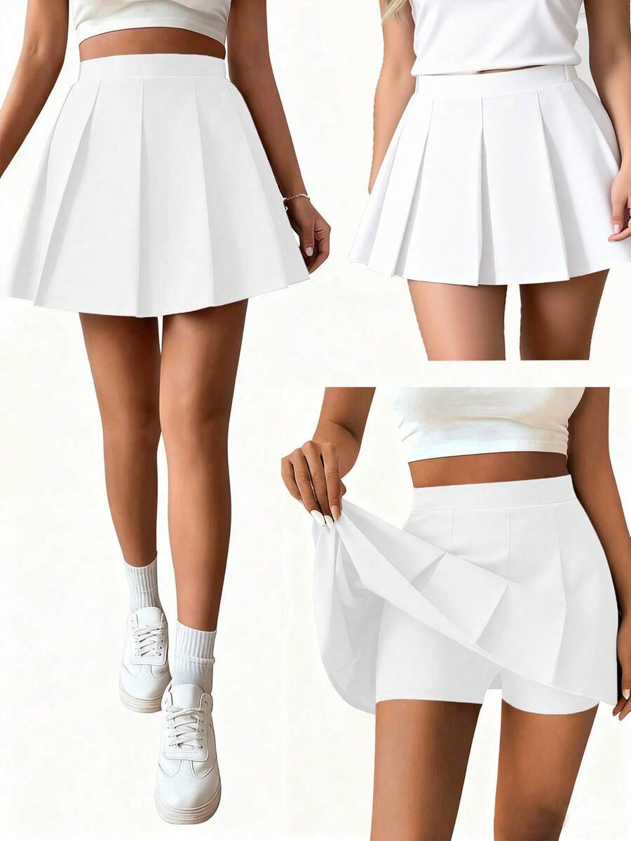 SHEIN Sparklyn Girls' Pleated High Waist Skirt With Built-In Safety Shorts, 2-In-1 Skirt Pants, Versatile For All Seasons, Can Be Paired With Shirts, T-Shirts, Polos, Hoodies, Jackets - White - View 1