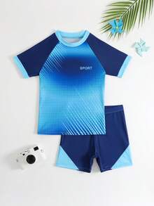 Set de 2 piezas de traje de baño para niños preadolescentes, azul marino + azul claro, estampado digital deportivo, tela de punto, camiseta de manga corta + pantalón de baño, estilo deportivo de moda, adecuado para nadar, vacaciones de verano, playa, piscina y otras ocasiones - Azul - Ver 4