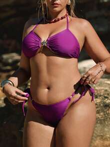 SHEIN BAE Plus Size Solid Color Swimwear Set Beach Outfits For Women - Purple - View 3