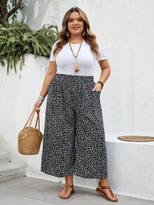 SHEIN CURVE+ 大码曲线尺码 US22 音乐节、海滨度假、波西米亚碎花阔腿休闲裤 - 黑與白 - 查看 8