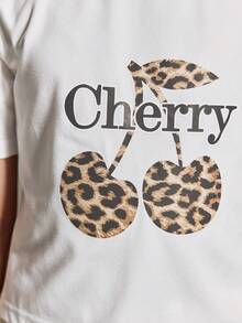 Tween Girl Leopard Print & Cherry Graphic Crew Neck Short Sleeve Casual T-Shirt Set, Summer - White - View 5