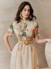 Anewsta 女士时尚浪漫杏色底印花开襟A字领荷叶边短袖收腰连衣裙，适合海滩度假穿着 - 彩色 - 查看 5