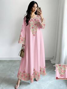 SHEIN Najma Women's Floral & Leaf Print V-Neck Long Sleeve Elegant Dress, Spring/Autumn - Multicolor - View 1