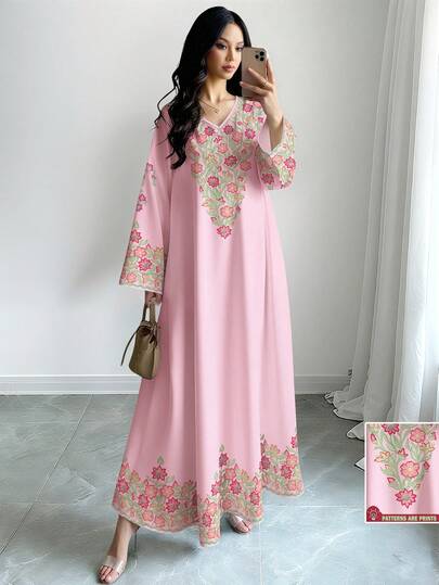 SHEIN Najma Women's Floral & Leaf Print V-Neck Long Sleeve Elegant Dress, Spring/Autumn