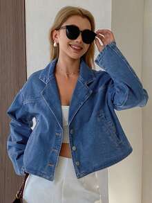 DAZY Women's Lapel Short Washed Denim Casual Jacket - Medium Wash - View 3