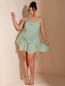 SHEIN BAE 大码女式黄色雪纺垂褶领短款连衣裙，优雅春夏连衣裙 - 綠色 - 查看 4