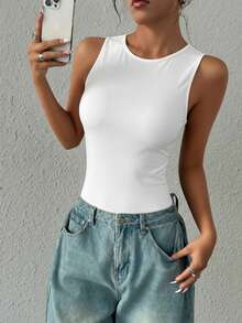 Boddy elegante cuello Redondo de Licra. - Blanco - Ver 3