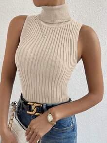 SHEIN Unity Women's Solid Color Turtleneck Fitted Versatile Knit Top - Apricot - View 3