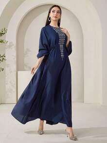 Veilorie Đầm Ả Rập dài tay cổ tròn thêu họa tiết thanh lịch dành cho nữ - Màu xanh hải quân - Xem 5