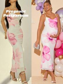 Loomaby Maternity Floral Print Draped Neck Fitted Elegant Camisole Dress Dress Gender Reveal Dress Maternity Dress Baby Shower Dress - Multicolor - View 8