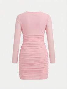 Firerie Kids Firerie Kids Đầm ngắn ôm sát màu hồng trơn cổ tròn tay dài chất liệu lưới, xếp ly, dành cho bé gái tuổi teen, thích hợp mùa thu/đông. - Hồng - Xem 3