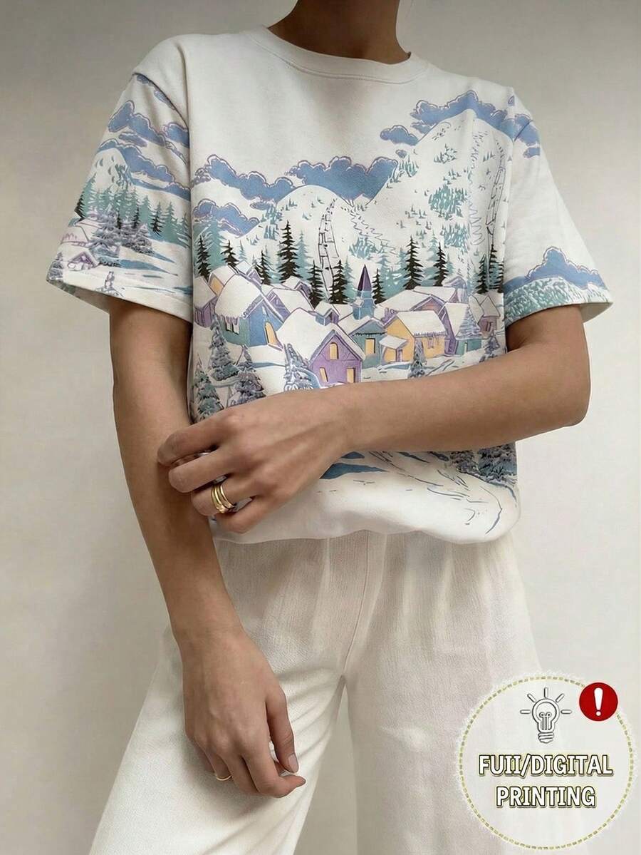 EMERY ROSE 女士卡通森林小屋图案圆领数码印花T恤 - 彩色 - 查看 1