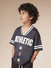 SUMWON Boys Oversized Jersey Mesh T-Shirt With Athletic Badges And V-Neck Short Sleeve Tee For Casual Everyday Summer Wear Vacation - Navy Blue - View 4