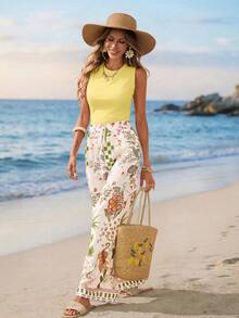 Sylviya 女士夏季波西米亚度假风纯色背心和印花阔腿裤两件套 女士夏季套装 夏季度假装 春季装 女士沙滩装 女士度假装 女士度假装 红色连衣裙 女士沙滩装 度假装 - 彩色 - 查看 4