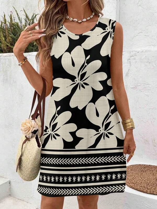 EMERY ROSE Plus Size Women Casual Minimalist Round Neck Sleeveless Dress, Suitable For Summer