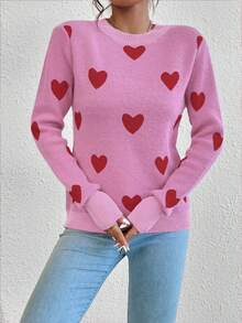 EMERY ROSE Heart Jacquard Crew Neck Casual Long Sleeve Women Sweater, Autumn/Winter - Pink - View 4