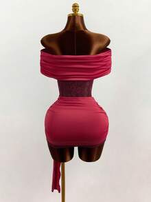 Mistrie Date Night Outfit Sexy Sheer Wine Red Off-Shoulder Lace Mesh Bodycon Mini Dress With Ruched Detail - Red - View 2