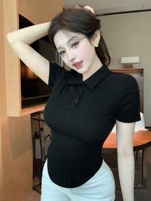 DAZY Áo polo nữ màu đen dáng rộng, thời trang công sở, tay ngắn, ôm sát, thích hợp cho mùa xuân/hè. - màu đen - Xem 9