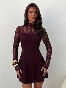 Aloruh 女士优雅高领修身透视腰部A字迷你连衣裙，酒红色 - 酒紅色 - 查看 3