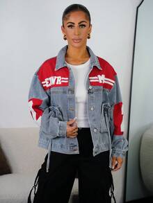 SAYEHFBABY 女士休闲时尚街头字母图案拼接拉链口袋落肩宽松牛仔夹克，春秋 - 藍色 - 查看 1