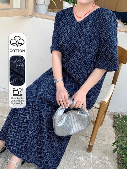 Dazy Plus Fashionable V-Neck Loose Short Sleeve Casual Patchwork Ruffle Hem Long Denim Dress For Plus Size Women