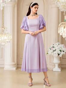 Modelyn Đầm midi tay bồng màu trơn thanh lịch dành cho nữ, thích hợp cho các buổi tiệc và họp mặt. - Màu tím - Xem 4