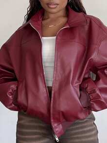 Tyla Gomez Casual Off-Shoulder Zipped PU Leather Coat In Fall/Winter - Burgundy - View 1