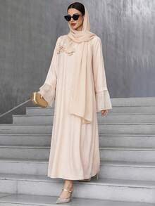 Al Najma Vestido elegante estilo árabe con mangas abullonadas y adorno floral para mujer, vestidos árabes, modestos - Albaricoque - Ver 6