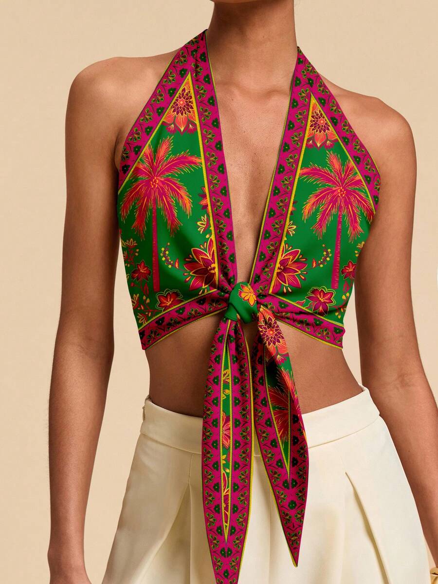 Travachic Boho Women's Deep V Neck Sleeveless Crop Top With Vibrant Plant Pattern And Front Knot - White - View 1