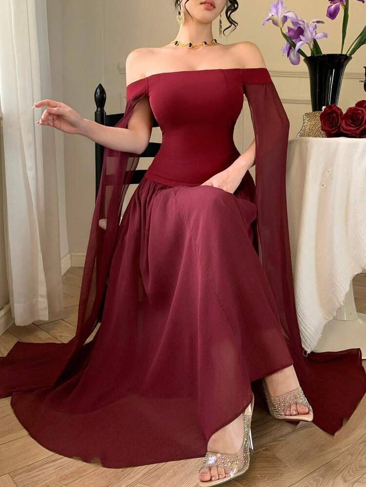 Women's Elegant Sexy Casual Long Dress With Off-Shoulder Mesh Patchwork Maxi Dress Sundress