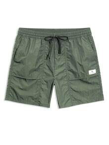 Horizaway 男士纯色休闲透气沙滩短裤 - 軍綠色 - 查看 6