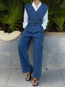 DAZY 女士翻领无袖长款休闲牛仔连体裤和背带裤 - 中等水洗藍 - 查看 2