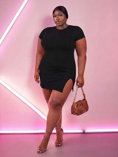 CurvyTilda 大碼車縫細節開衩下擺洋裝