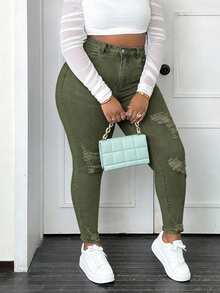 CurvyTilda Plus Size Women's Ripped Skinny Jeans, For Hourglass Body Shape - Army Green - View 4