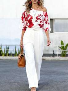Blusa de mujer con estampado floral y hombro asimétrico de manga corta - Rojo y blanco - Ver 2