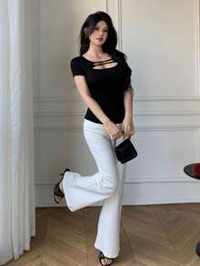 K-Vae Hollow Out Short Sleeve Fitted Elegant Sexy Crop Top - Black - View 8