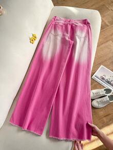 Elamini 女士带口袋纽扣休闲百搭日常穿着阔腿牛仔裤 - 粉色 - 查看 2