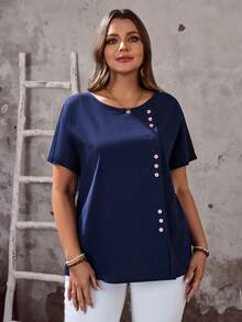 EMERY ROSE 大码女式夏季休闲度假乡村风圆领短袖纽扣装饰纯色藏蓝色衬衫上衣，适合春夏度假、春假外出等场合，2026新款，简约时尚，日常穿着皆宜，蓝色上衣 - 藏蓝色 - 查看 4