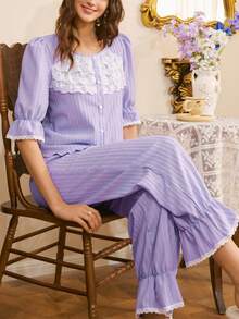 Elegant French Lace Sleepwear, Romantic Lace Patchwork Sleepwear With Ruffle Hem, Charming Ladies Sleepwear Set - Purple - View 3