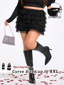 SHEIN CURVE+ 情人节/大码女装春夏时尚性感街头风蕾丝蛋糕低腰迷你裙，芭蕾舞裙款式，适合日常穿着、音乐节、演唱会、狂欢派对、海滩度假、约会之夜、生日等场合。 - 黑色 - 查看 3