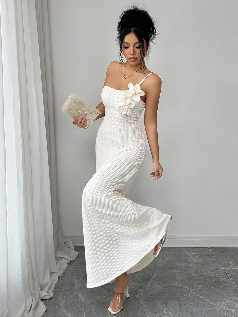 SHEIN Elenzya Women's Sleeveless Dress,Off-White Knitted Textured Fabric,3D Floral Decor,Slim Fit Elegant Long Dress For Summer,Fashionable For Date And Party - Apricot - View 1